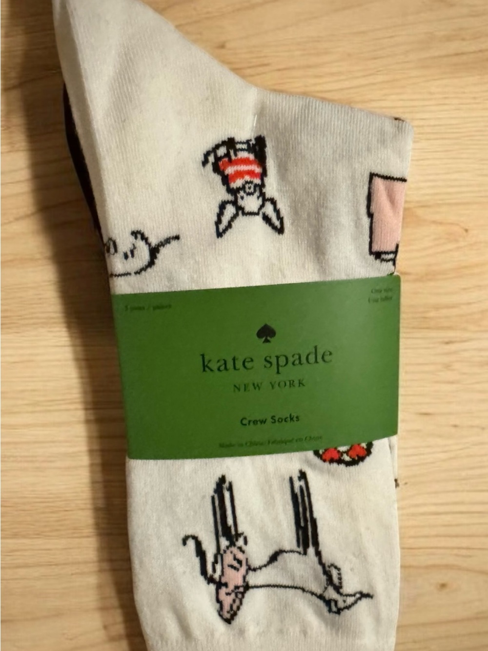 kate spade White Crew Socks with Pink & Black Dog Motifs